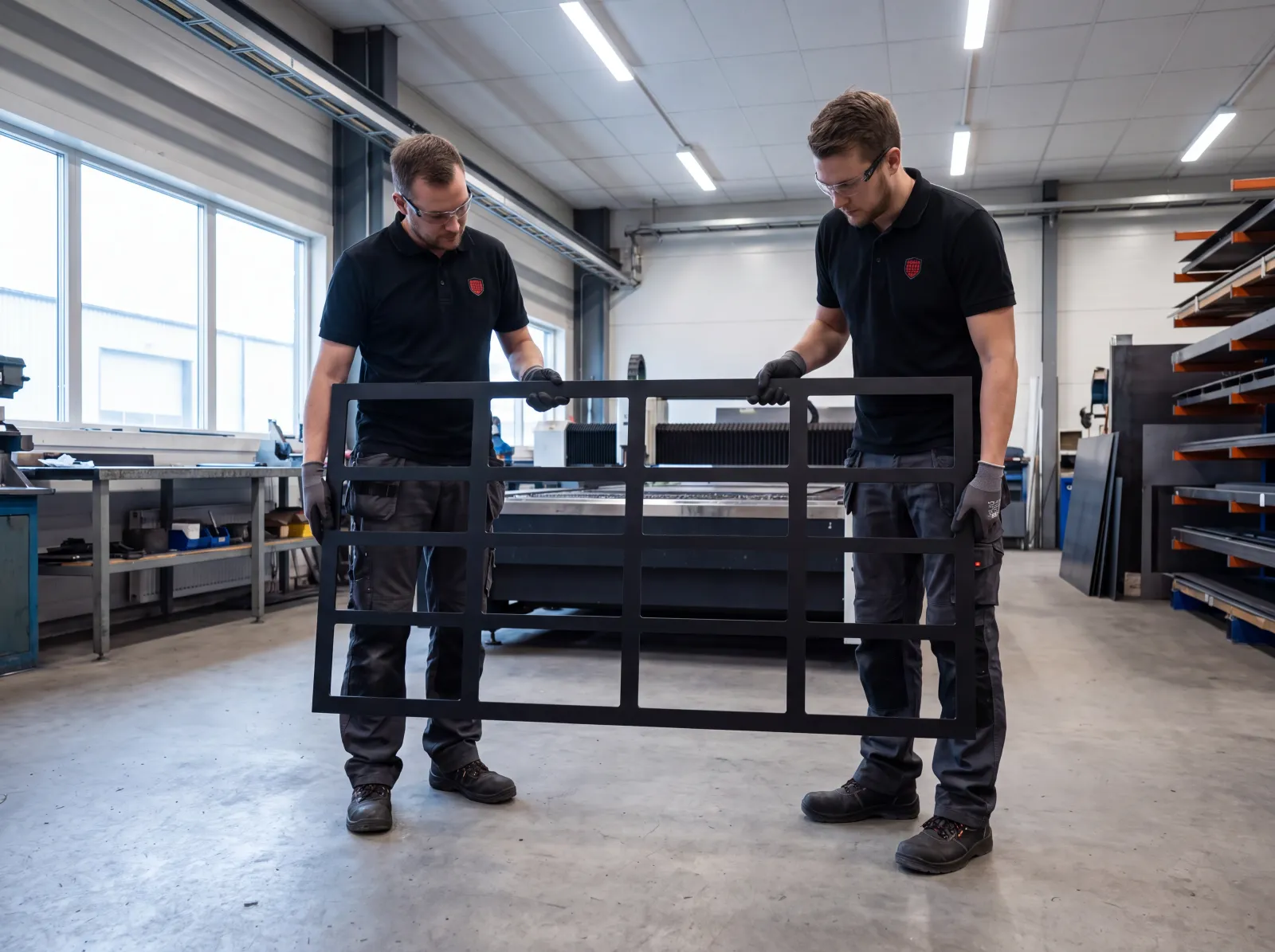 Medarbetare hos SakerhetAB håller ett färdigt fönstergaller